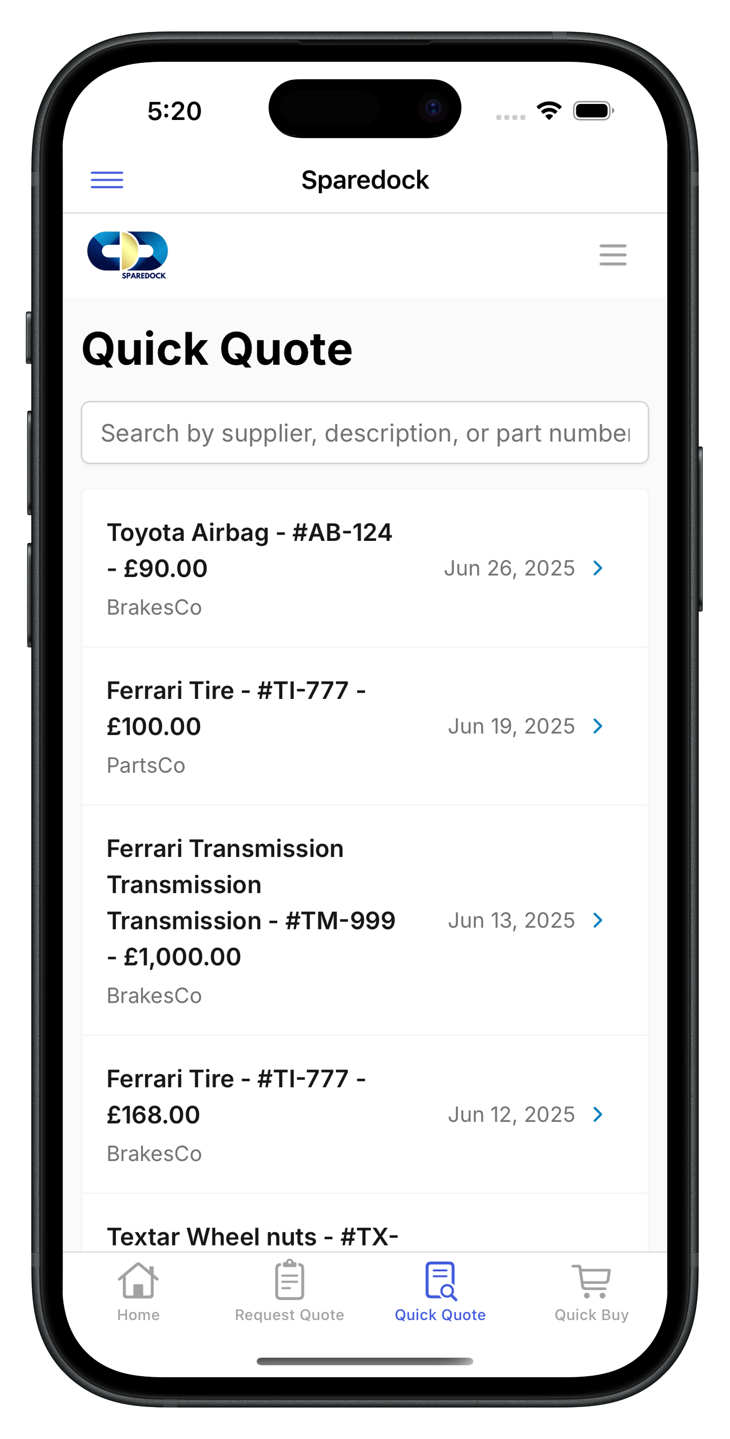 SpareDock Quick Quote Interface